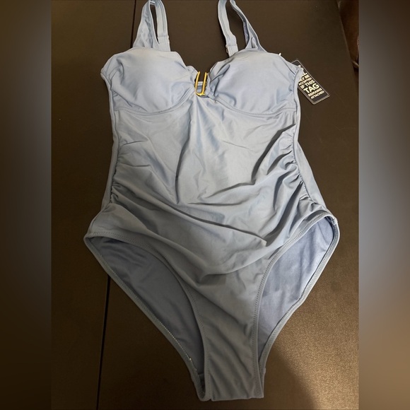 Chic Blue One-Piece Swimsuit with Gold Accent - Picture 7 of 9